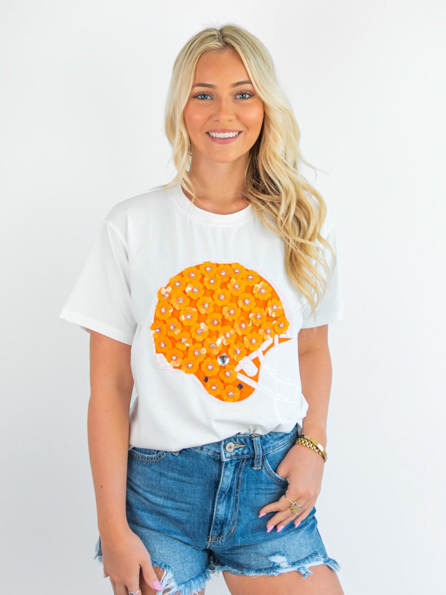 White Tee with Sparkly Orange Flowers on Football Helmet