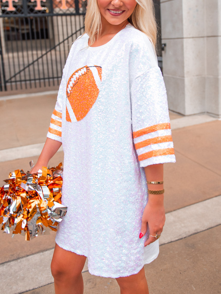 Iridescent White & Orange Sequin Football Dress (3 Sizes)