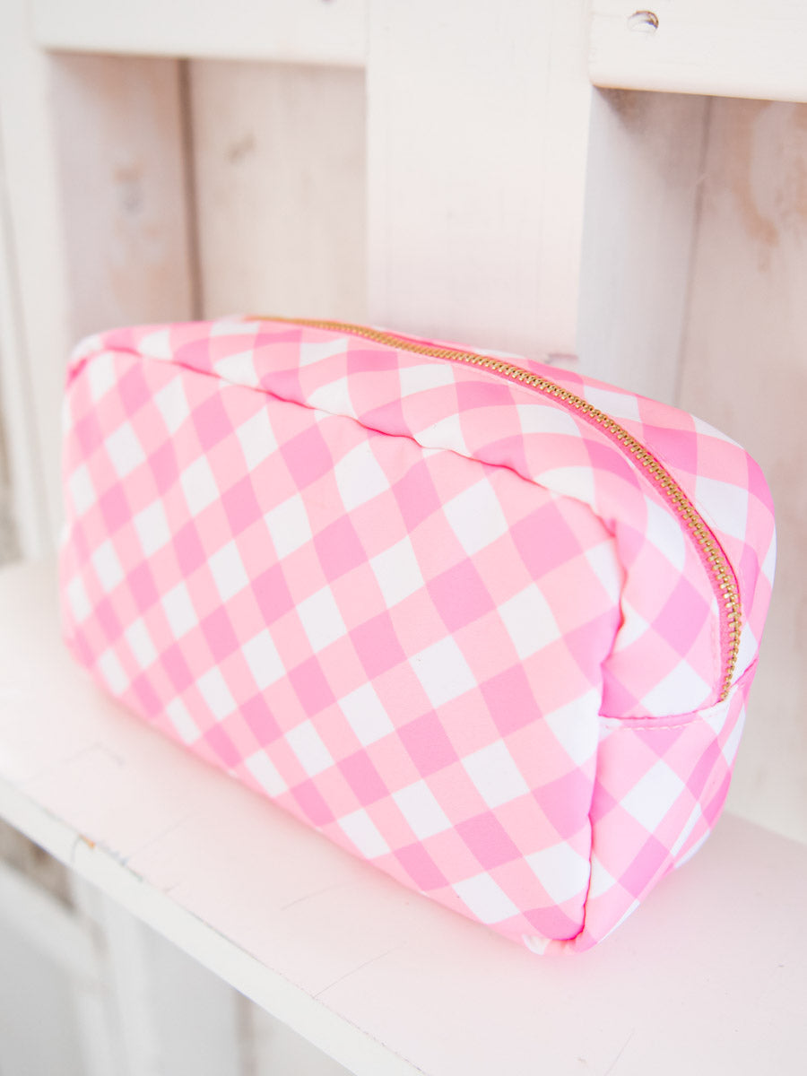 Large Pink Check Makeup Travel Pouch