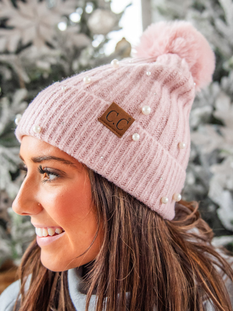 Light Pink Pom CC Beanie with Pearl Accents