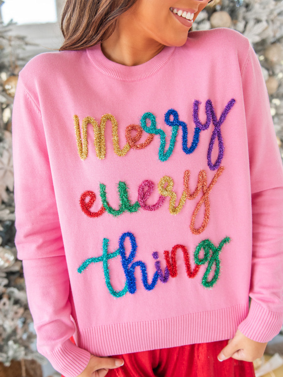 Pink Sweater with 3D Colorful Lettering "Merry Everything"