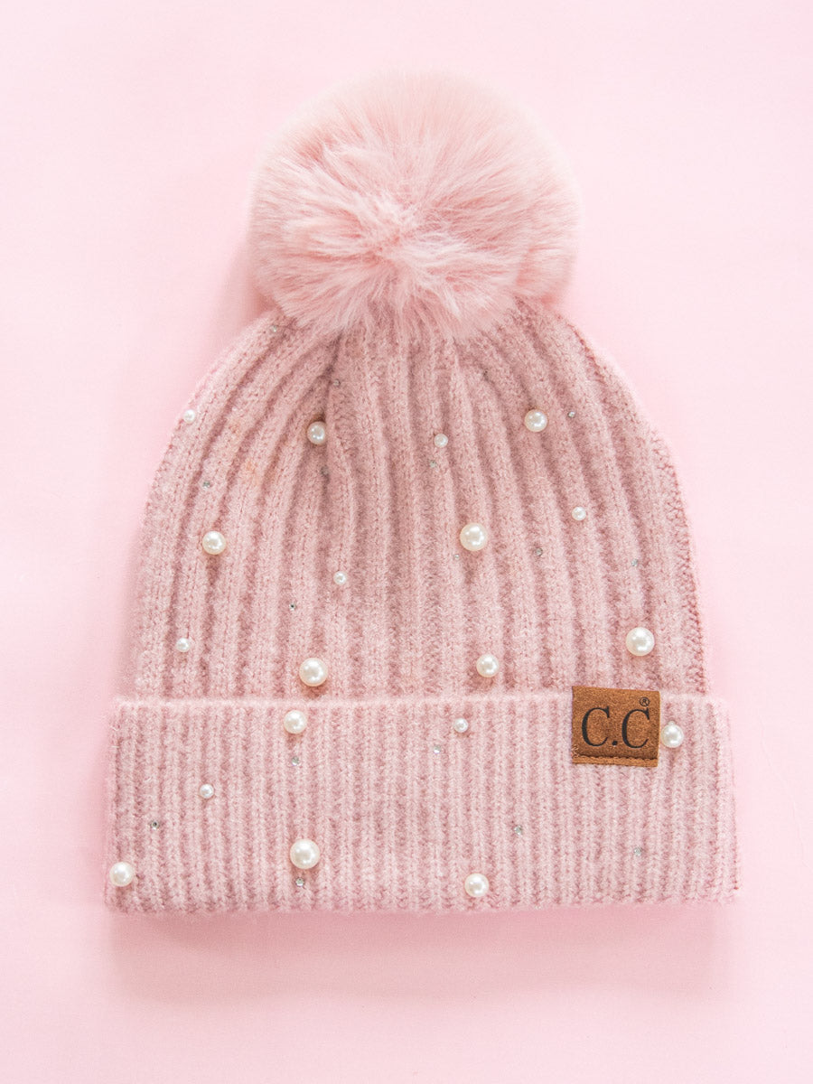 Light Pink Pom CC Beanie with Pearl Accents