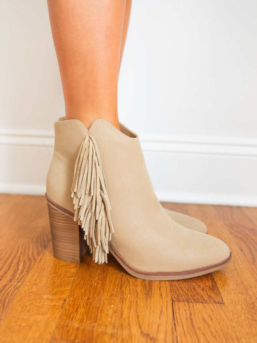Tan Booties with Block Heel and Fringe Accents