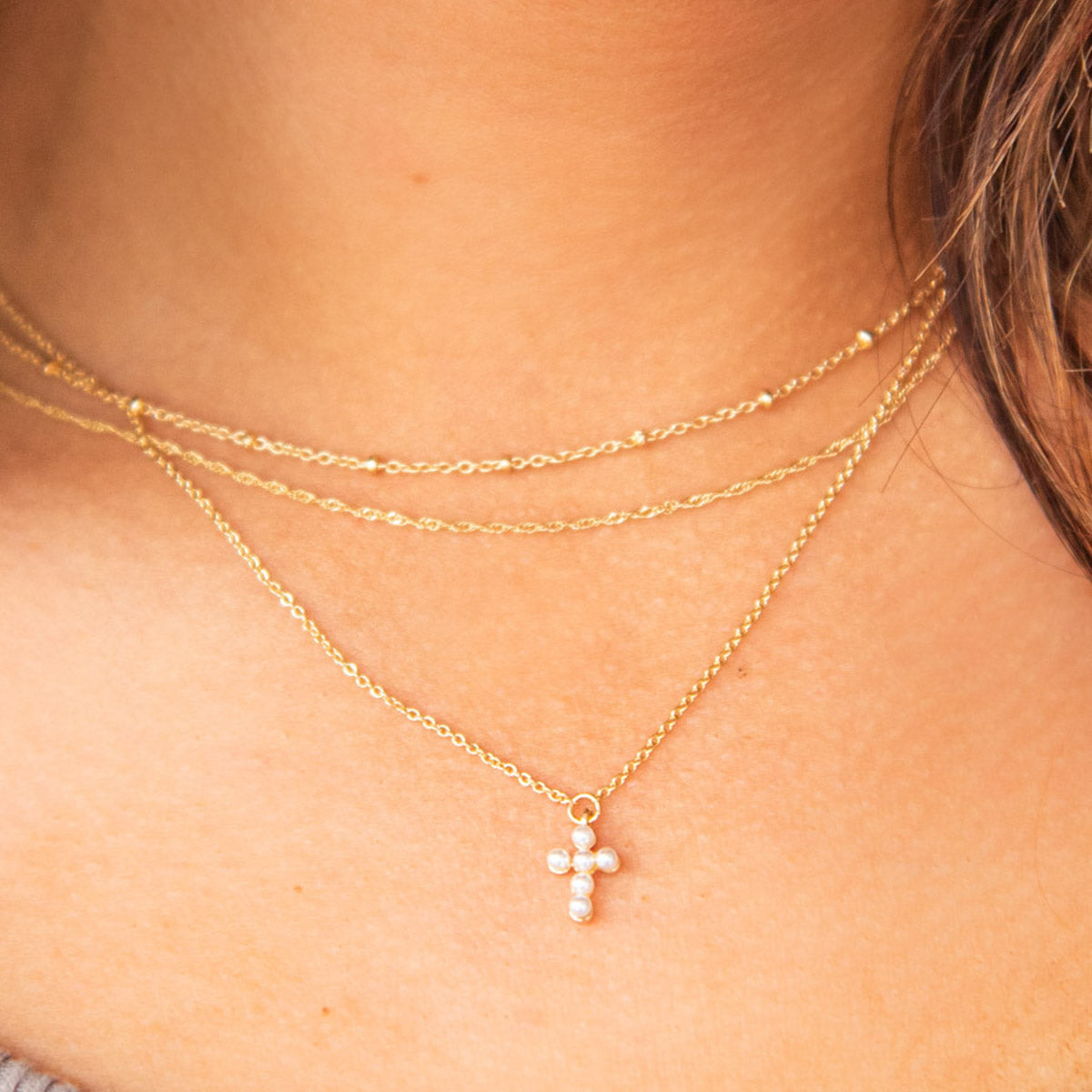 Pearl Cross Charm Gold Chain Necklace