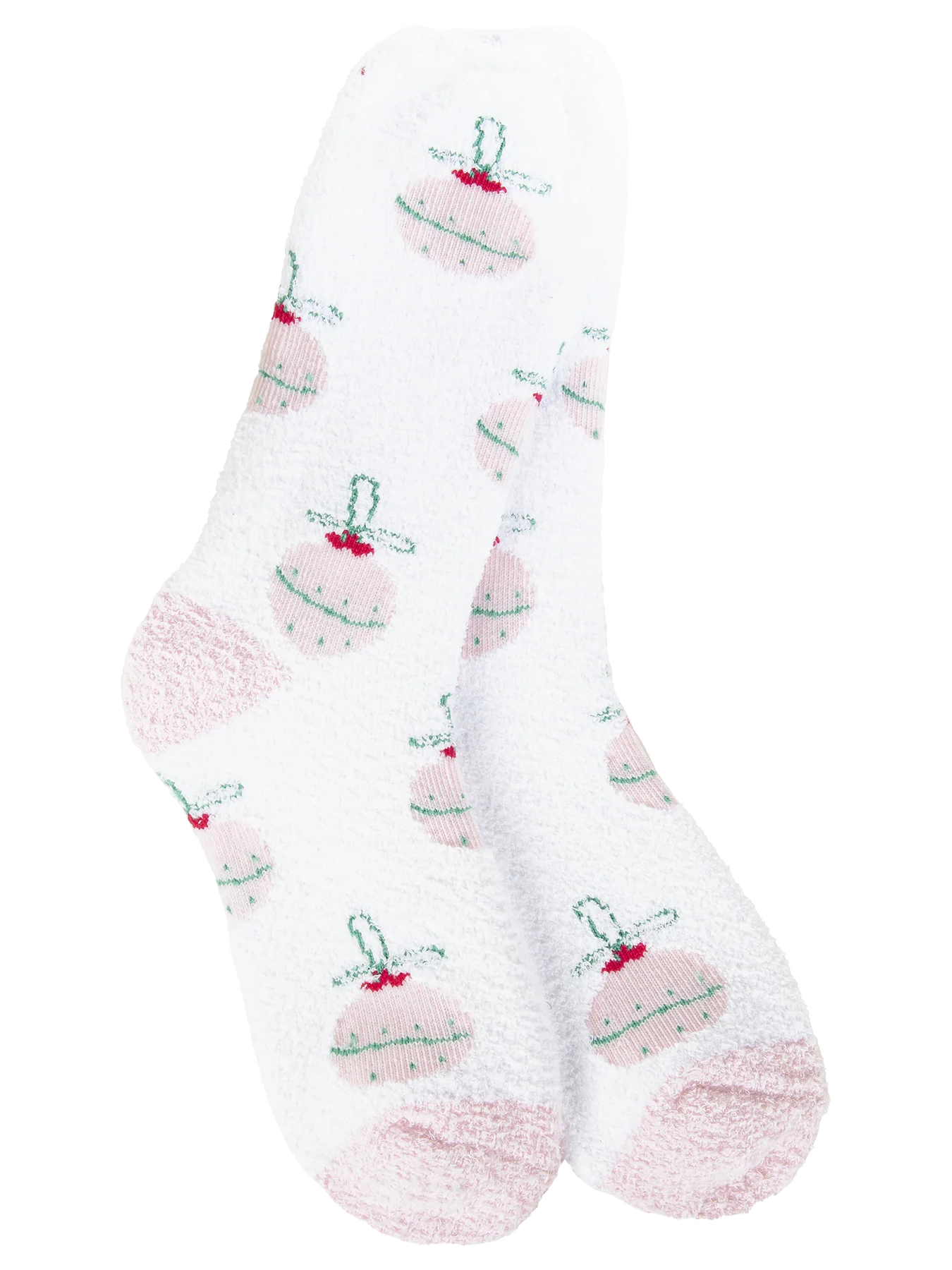 White Fuzzy Socks with Holiday Ornaments