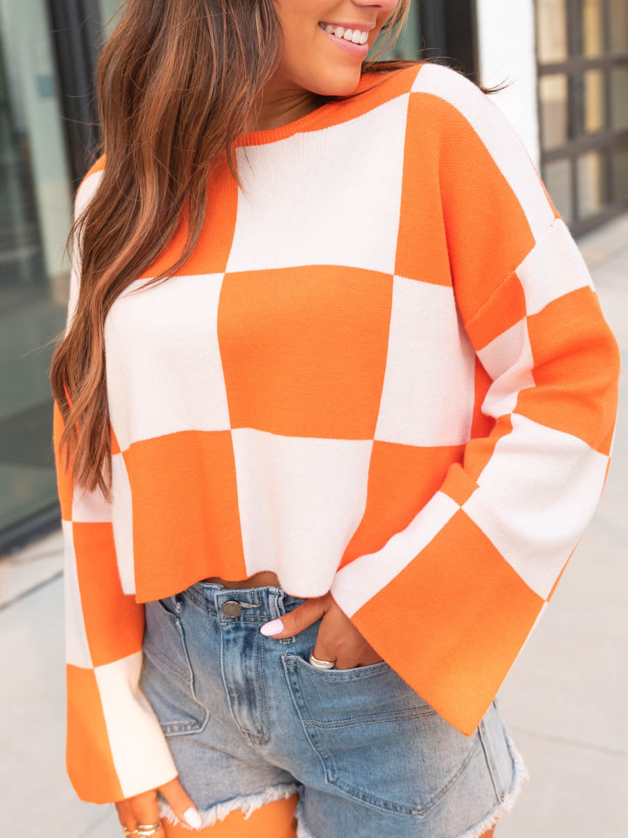 Big Orange Check Cropped Sweater