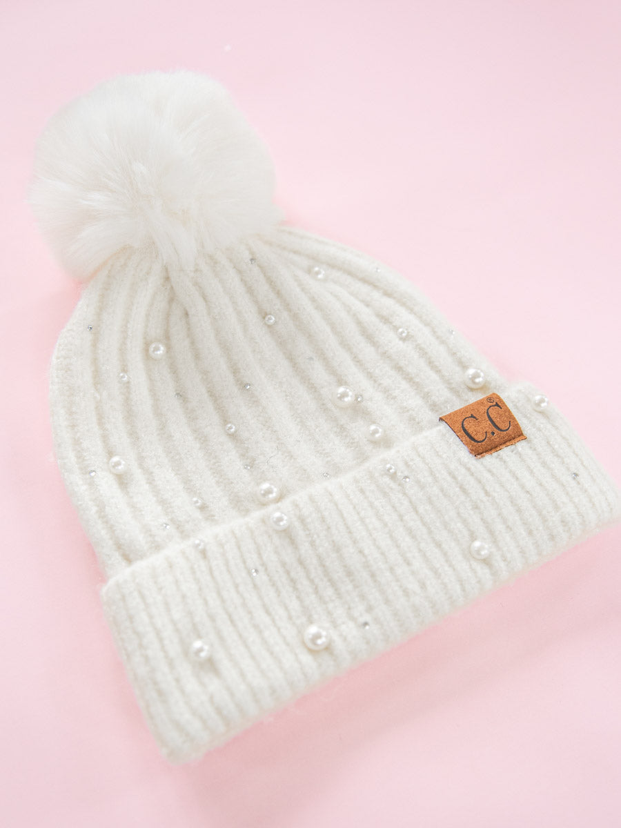 White CC Beanie with Pom and Accented with Pearls