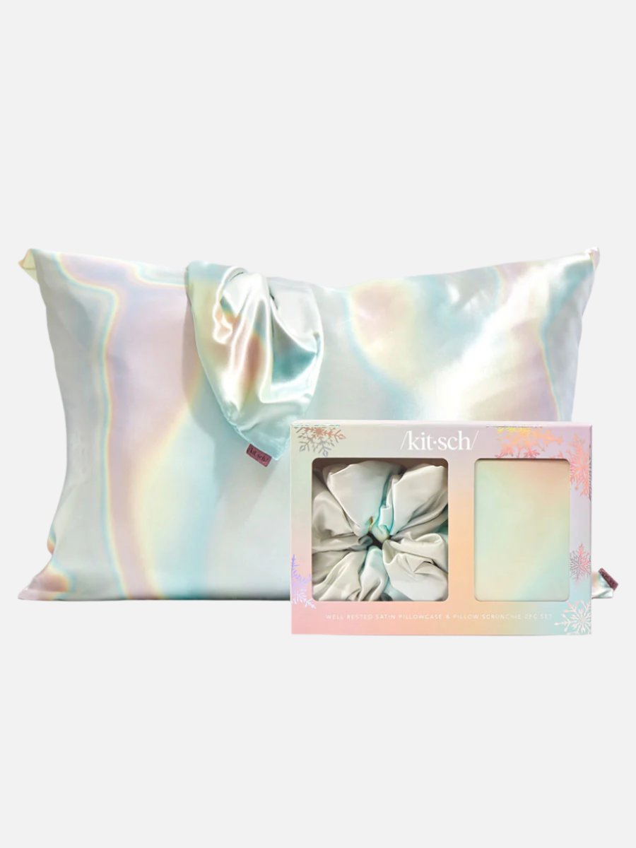 iridescent satin pillowcase and scrunchie