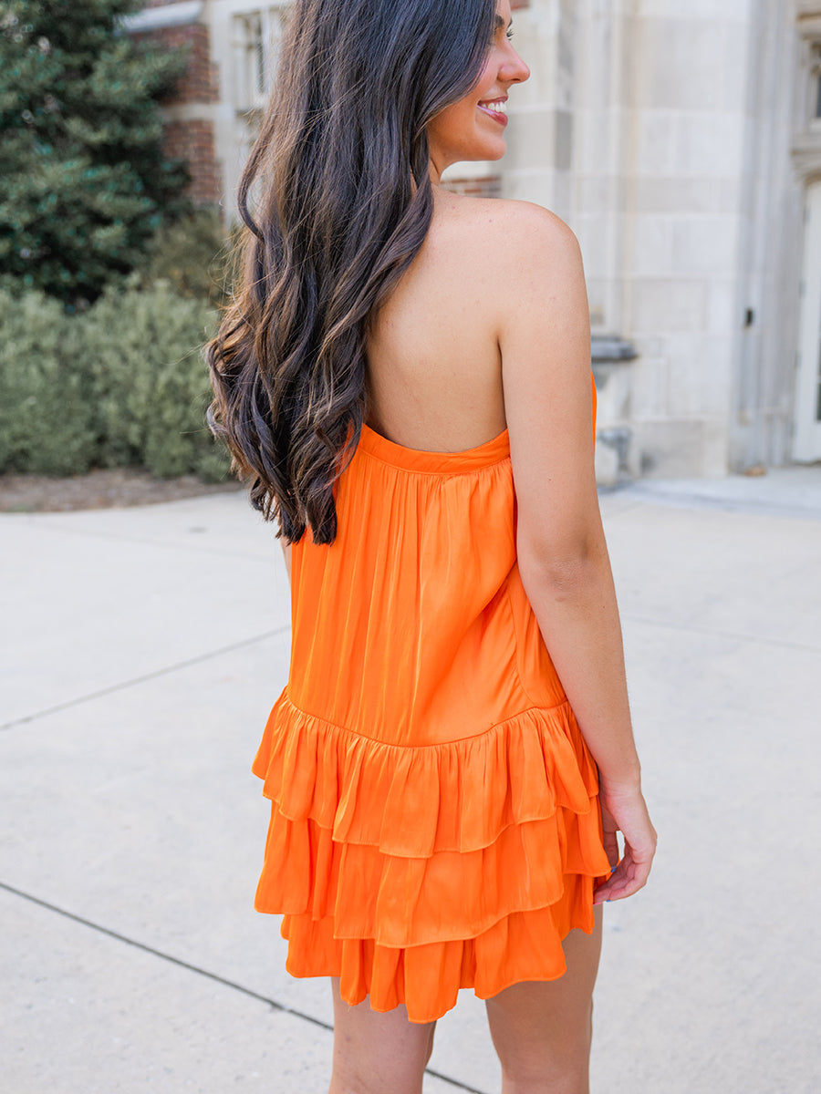 Orange One Shoulder Ruffle Mini Dress