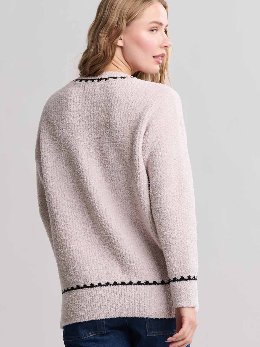 CozyChic Ribbed Sweater with Blanket Stitch, Stone