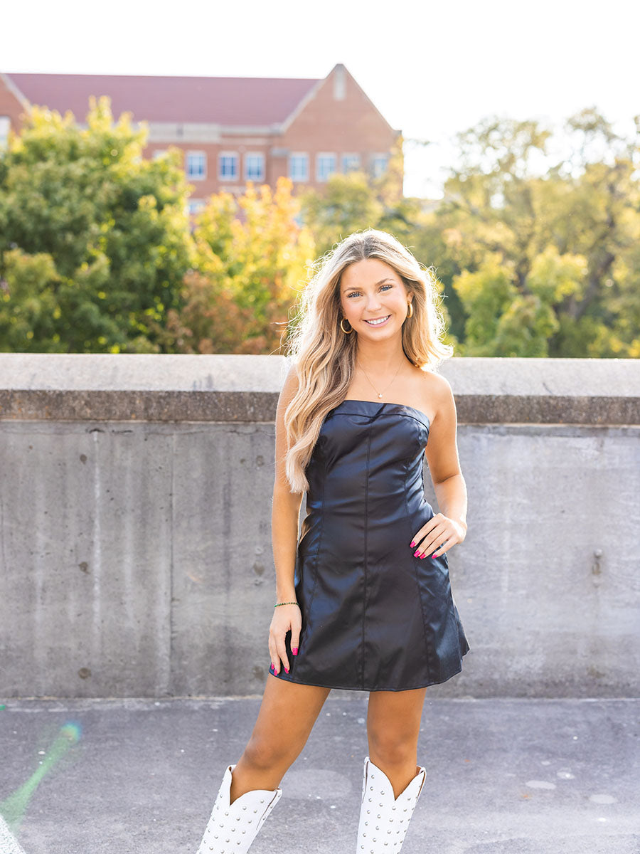 Strapless black  faux leather dress