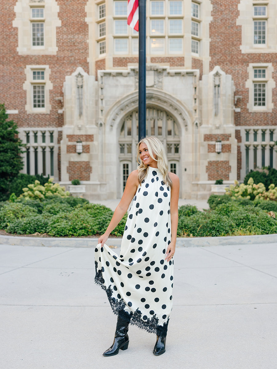 Polka Dot Lace Trim Halter Maxi Dress