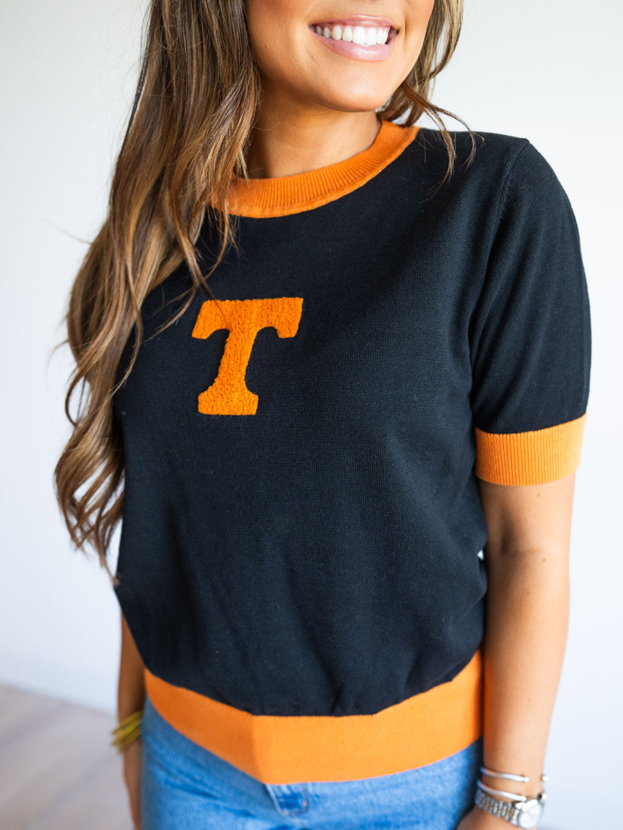 black and orange short-sleeve sweater with chenille "Power T"