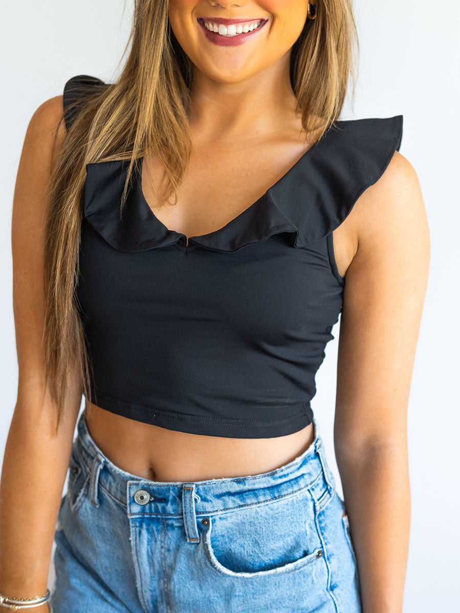 Black v-neck ruffle crop top