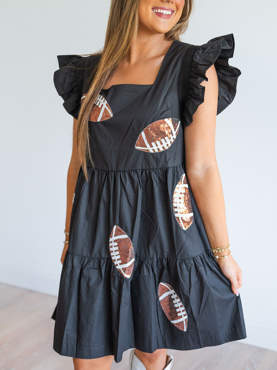 Ruffle sleeve black mini dress with sequin footballs