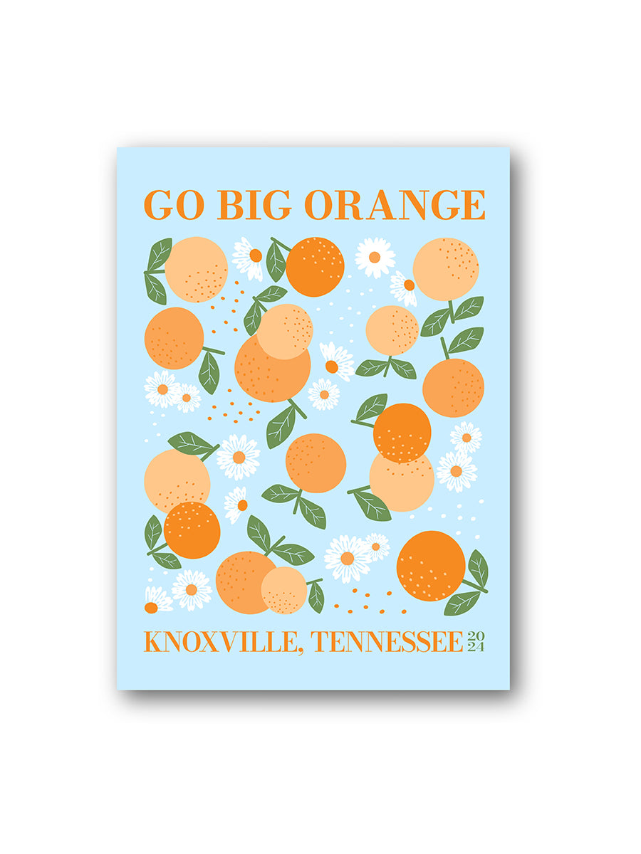 blue sticker "Go Big Orange" floral pattern