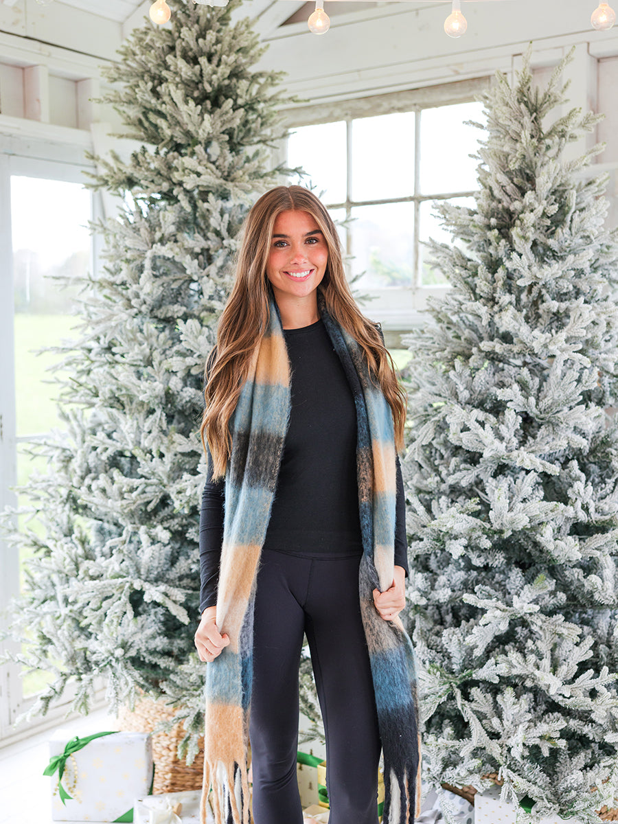 Long Blue Check Scarf