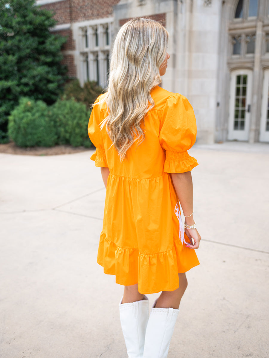 Orange tiered puff-sleeve dress