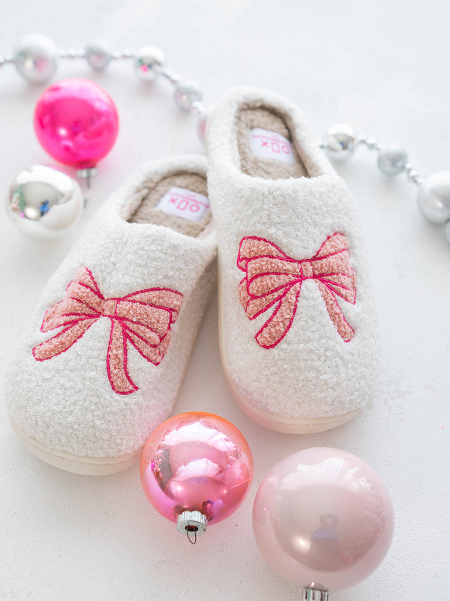 Pink Bow Plush Slippers 