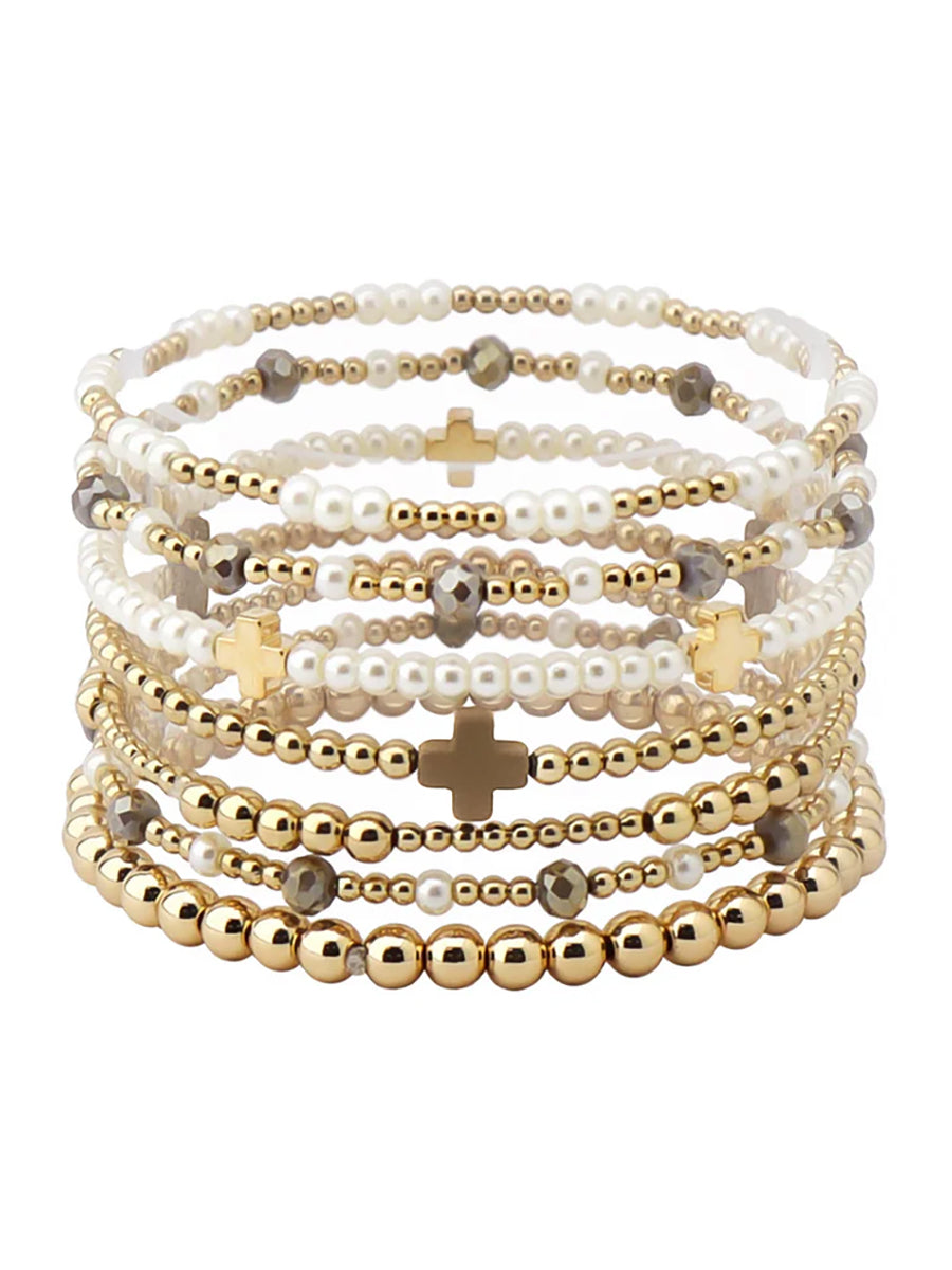 Pearl, gold and brown bead bracelet set