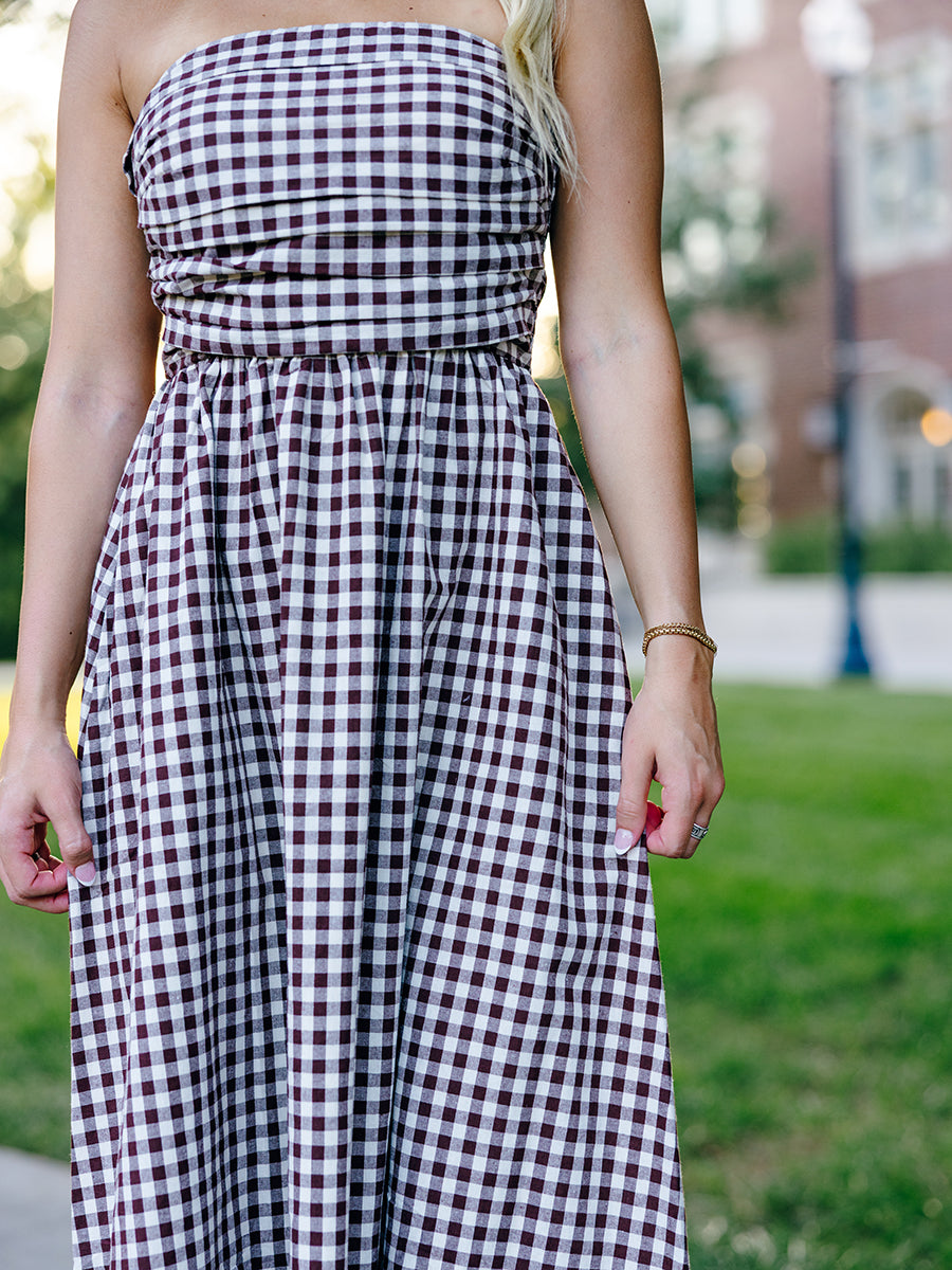 Brown Gingham Tube Striped Maxi Dress