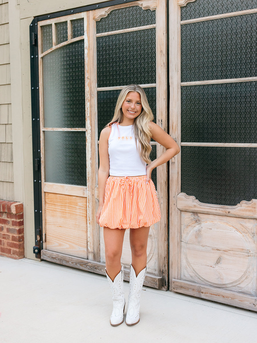 orange gingham bubble skirt