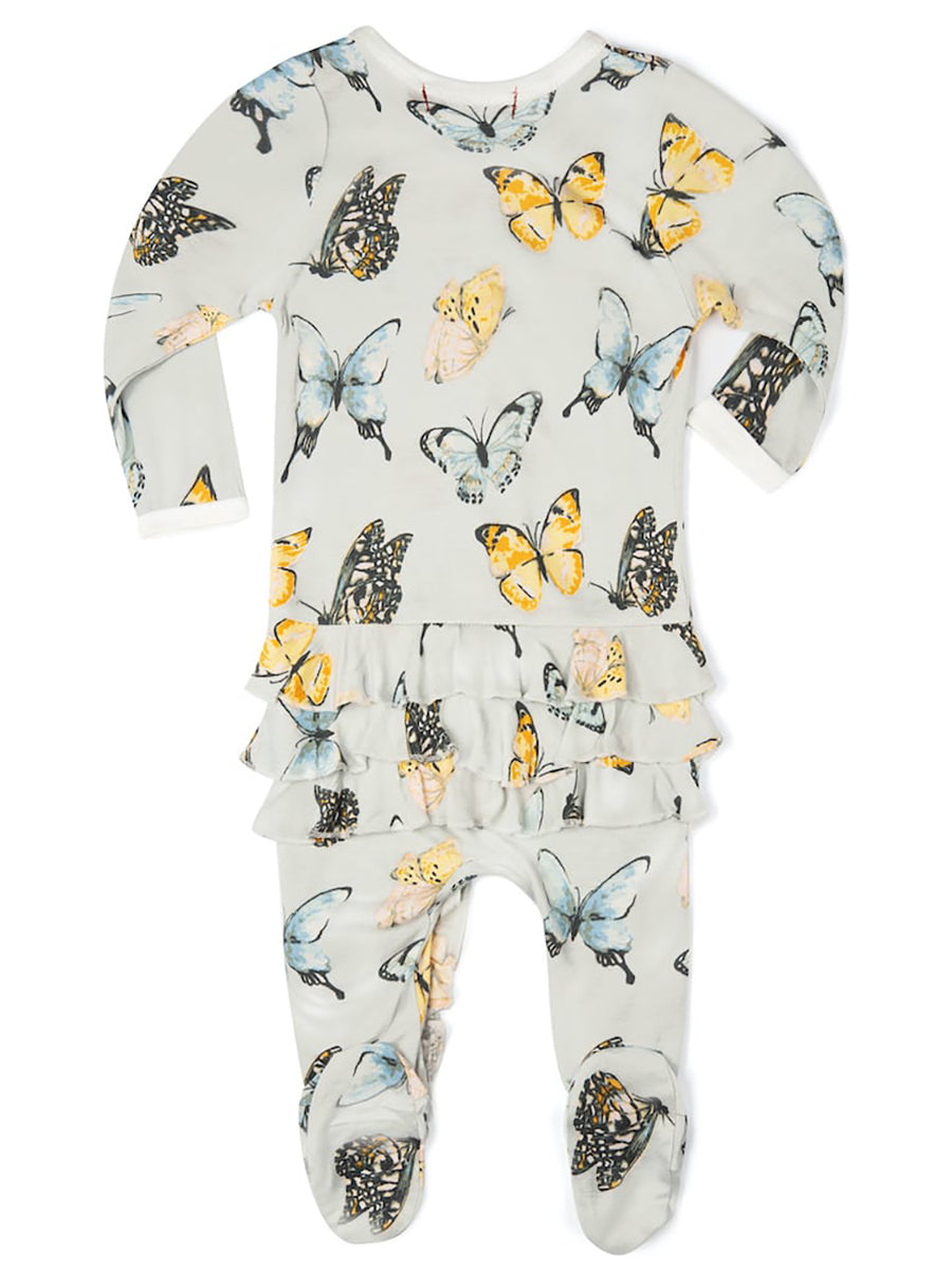 Butterfly Bamboo Ruffle Zipper Footed Romper