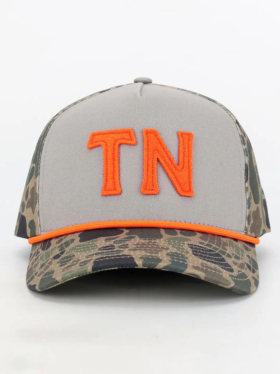 camo and gray hat with "TN"