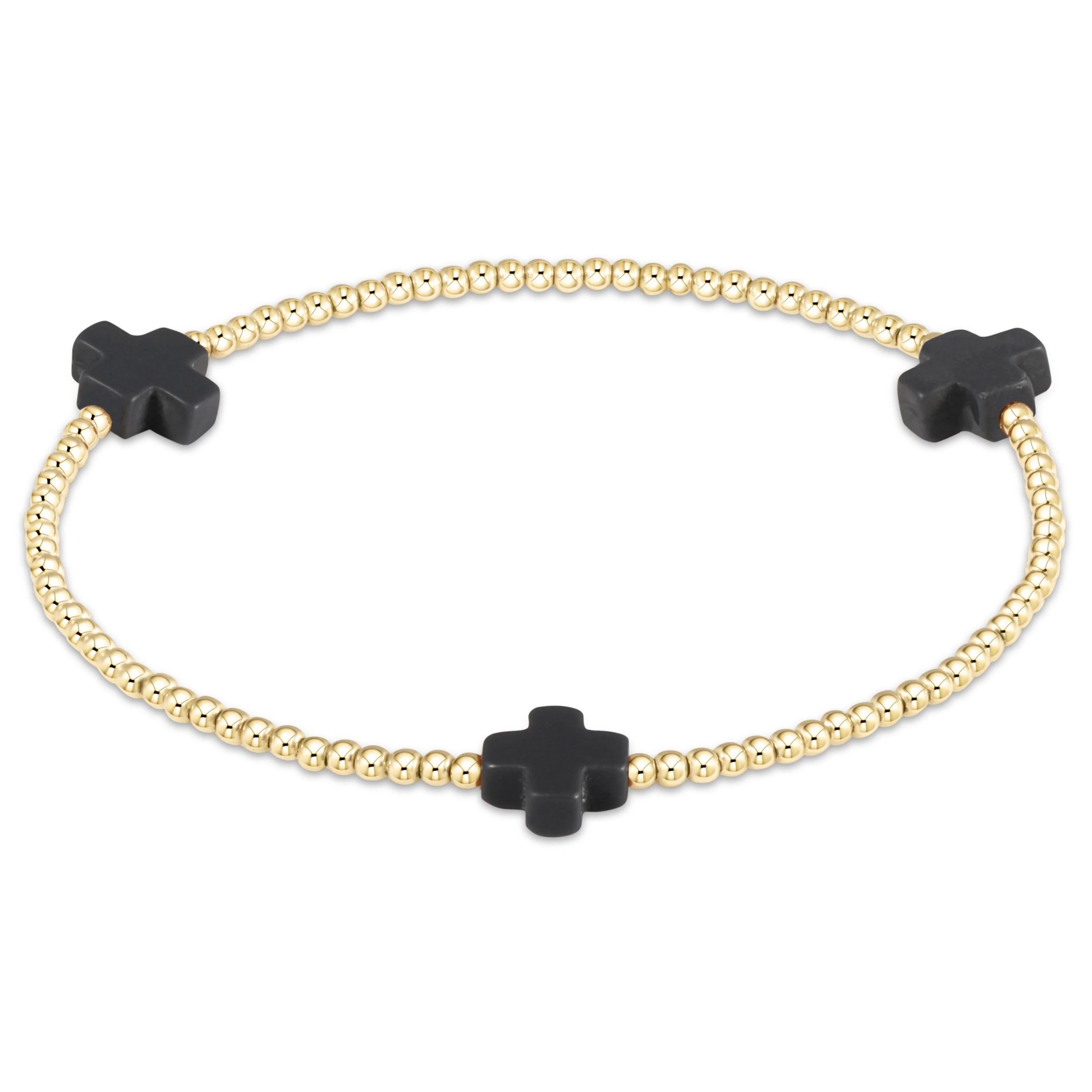 E-Newton Three Charcoal Cross Charms on Gold Beaded Bracelet