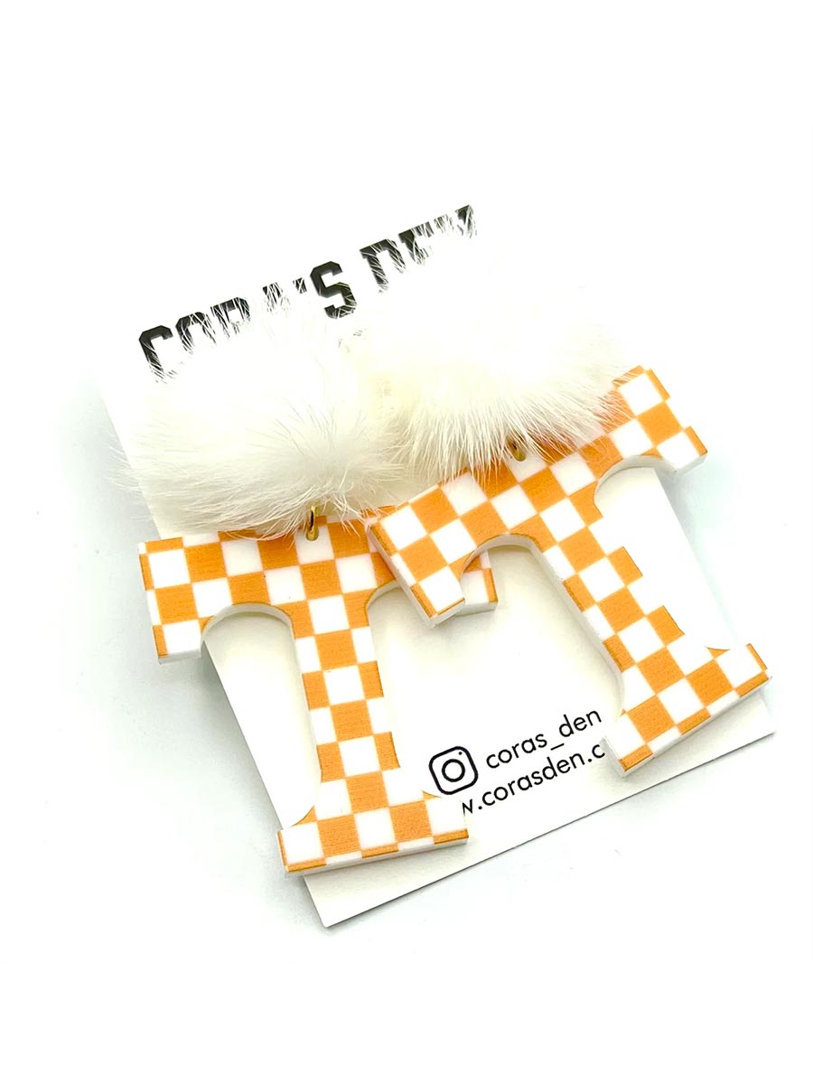 Orange and white checkerboard dangle earrings