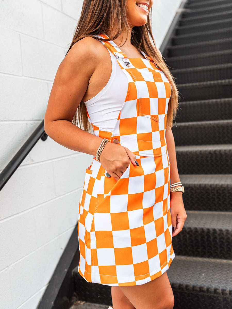 Orange Checked Overall Dress