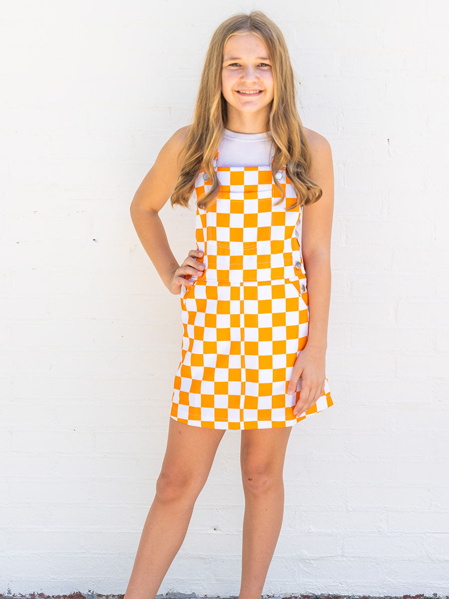 Girls Orange and White Checked Bib Dress