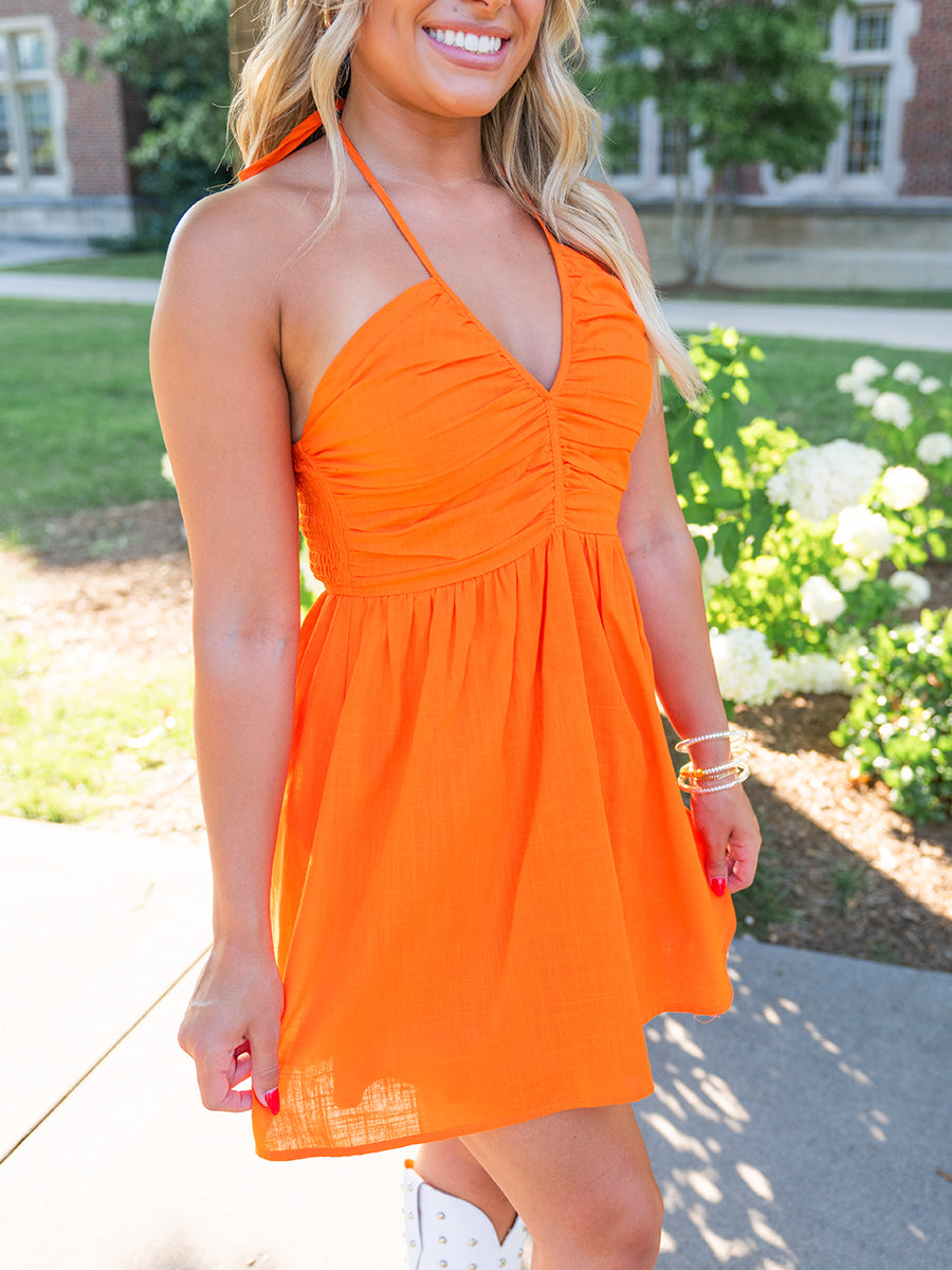 Orange V-Neck Halter Dress