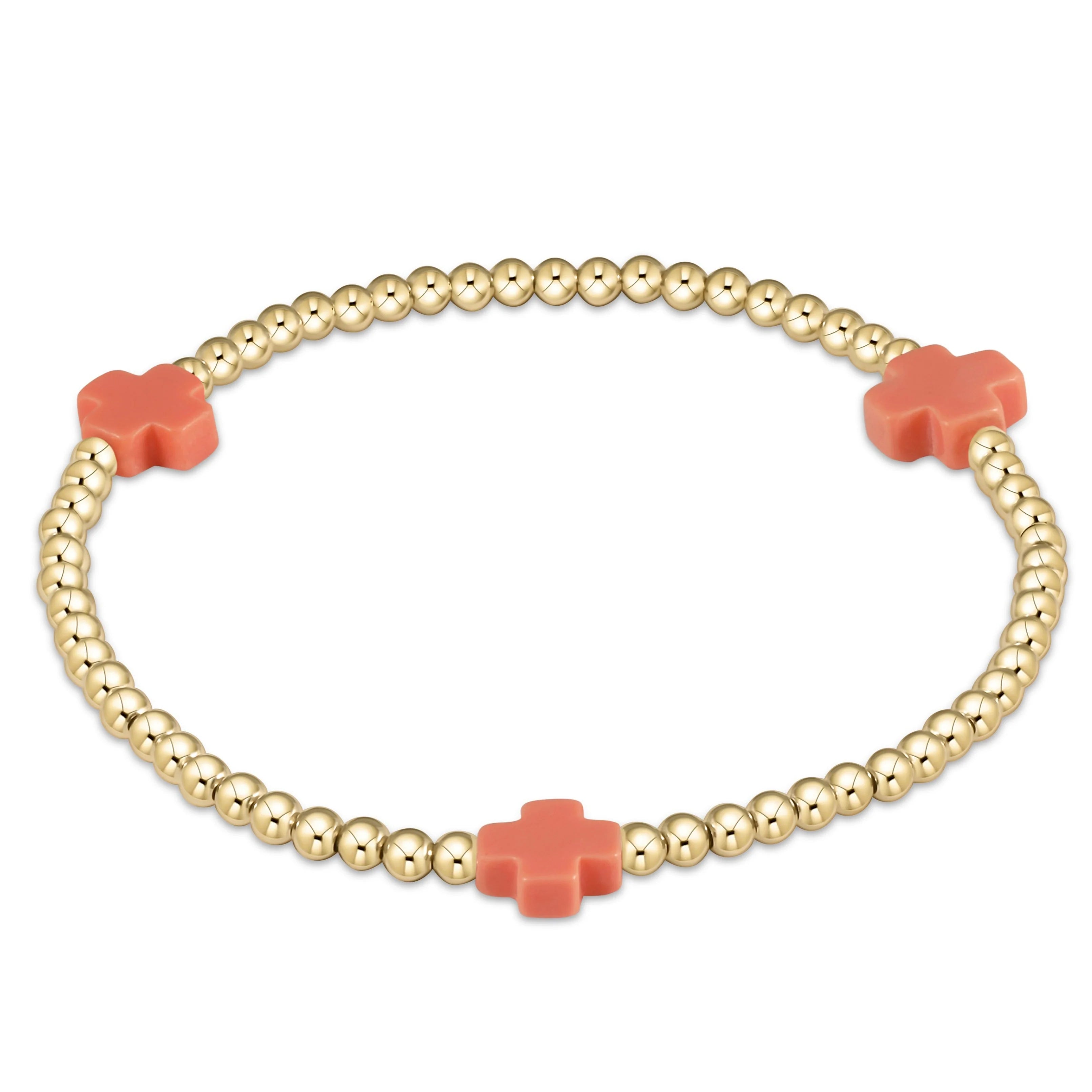 E-Newton Three Coral Cross Charms on Gold Beaded Bracelet