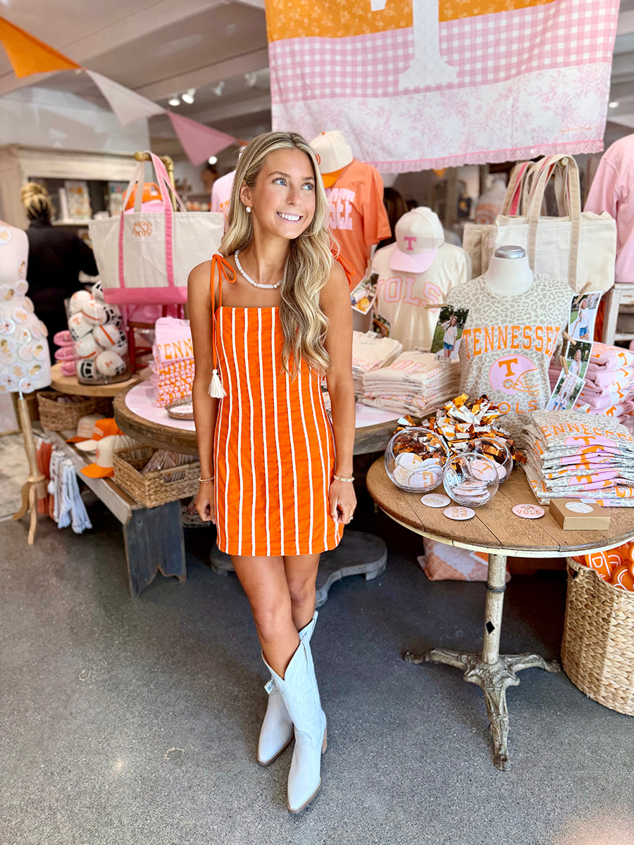 Orange Cord Trim Mini Dress With Tassel Tie Straps