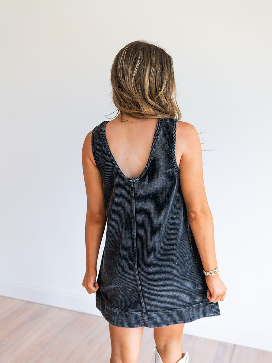 back of black washed corduroy dress