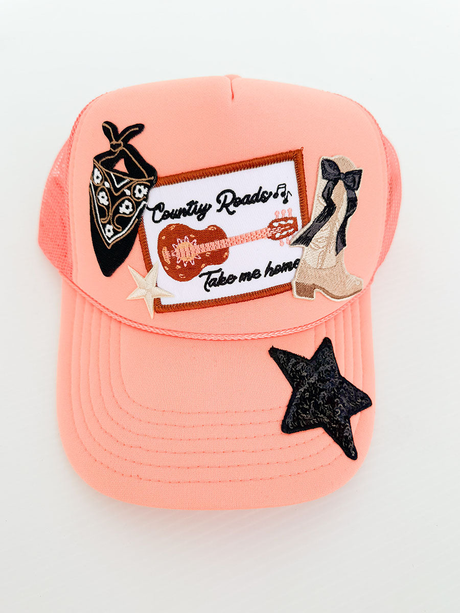 Multi-patch coral trucker hat