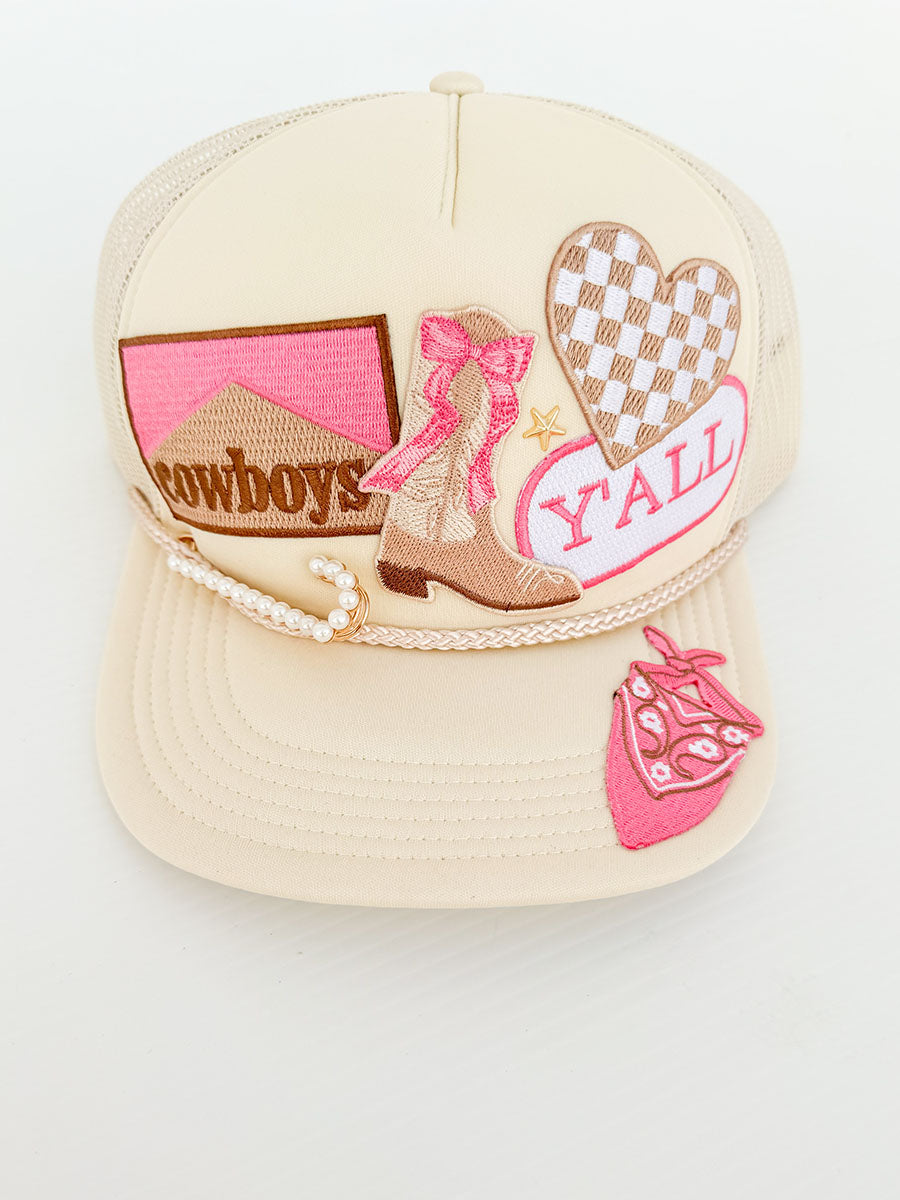 Cream with pink accents multi-patch hat