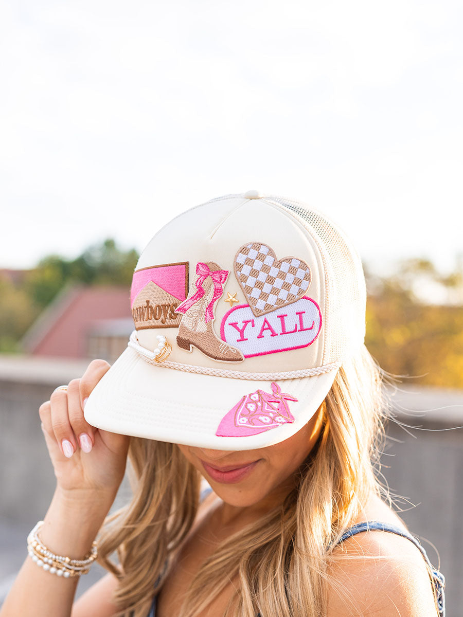 Multi-patch cream trucker hat