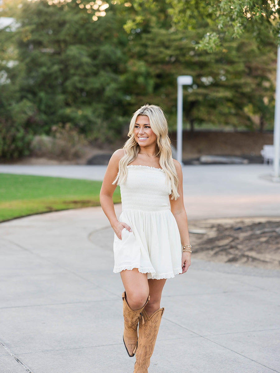 Lace Trimmed Smocked Bodice Tube Romper