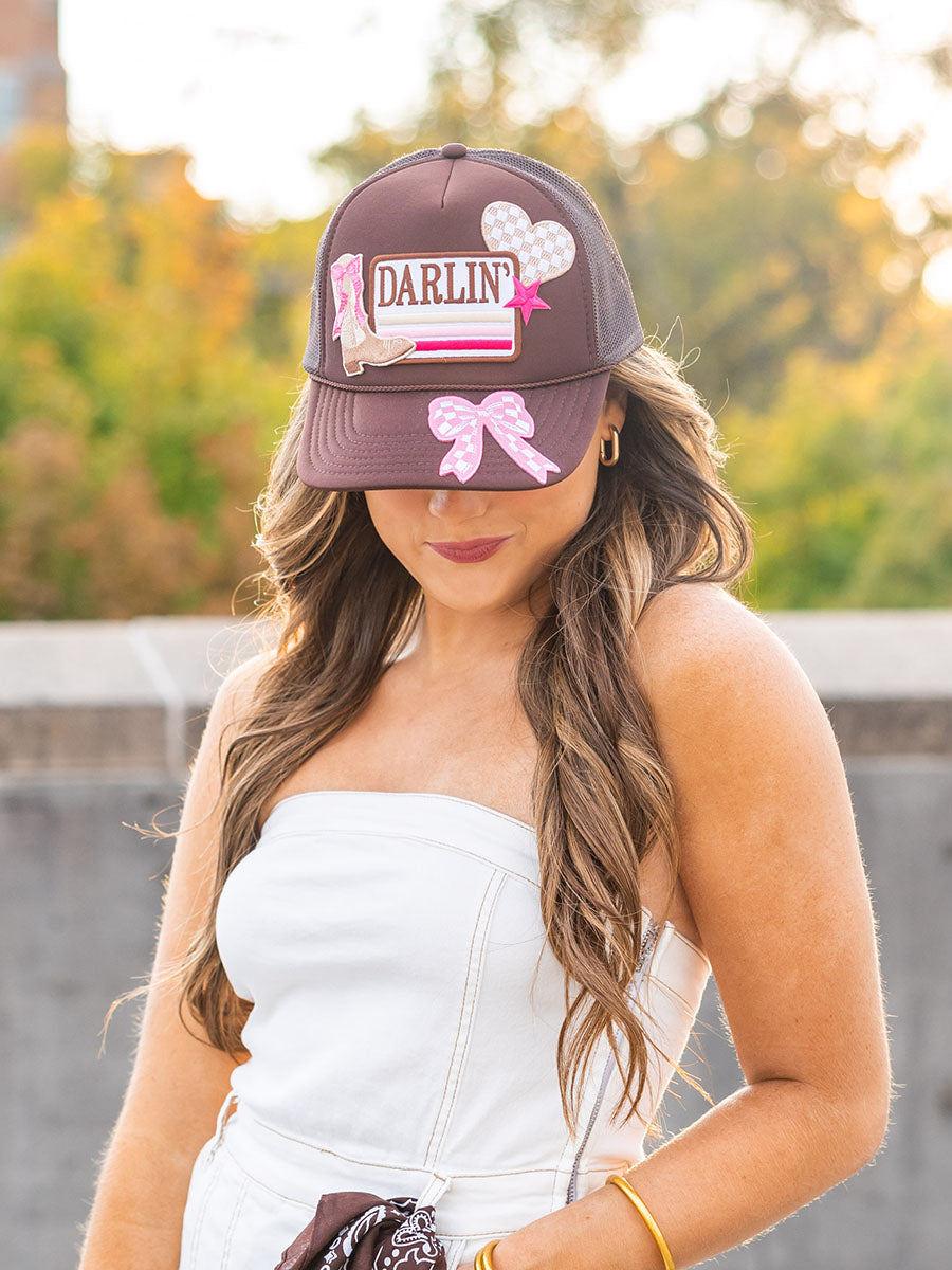 Multi-patch brown trucker hat