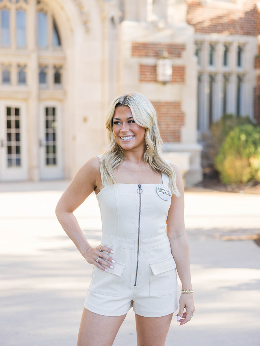 Ivory Square-Neck Denim Romper