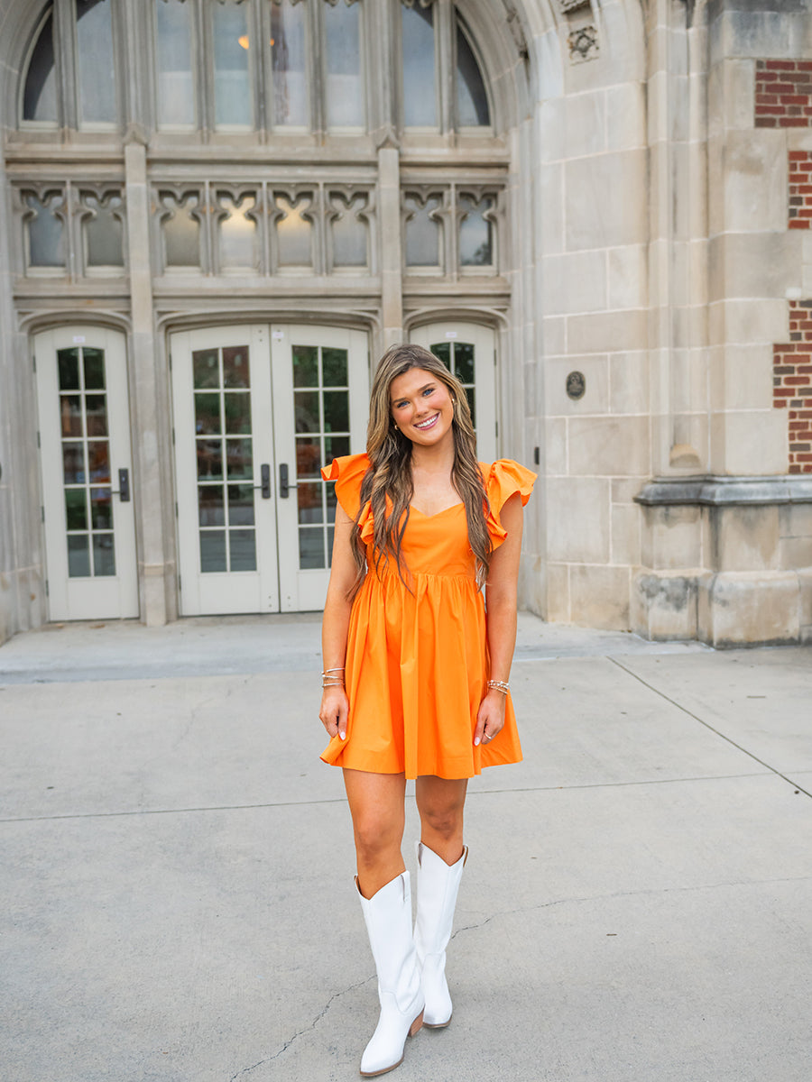 Orange Tie-Back Ruffle Mini Dress