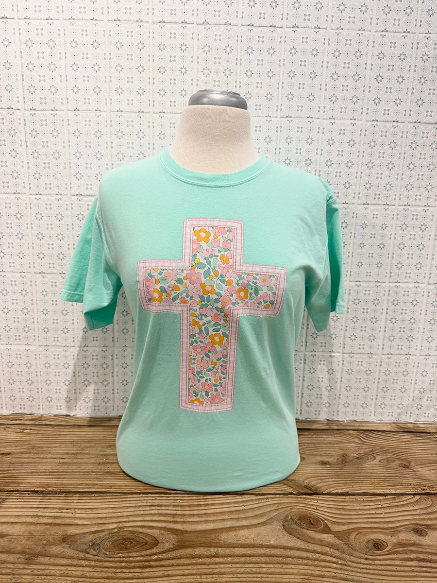 Mint Green Floral Cross Tee