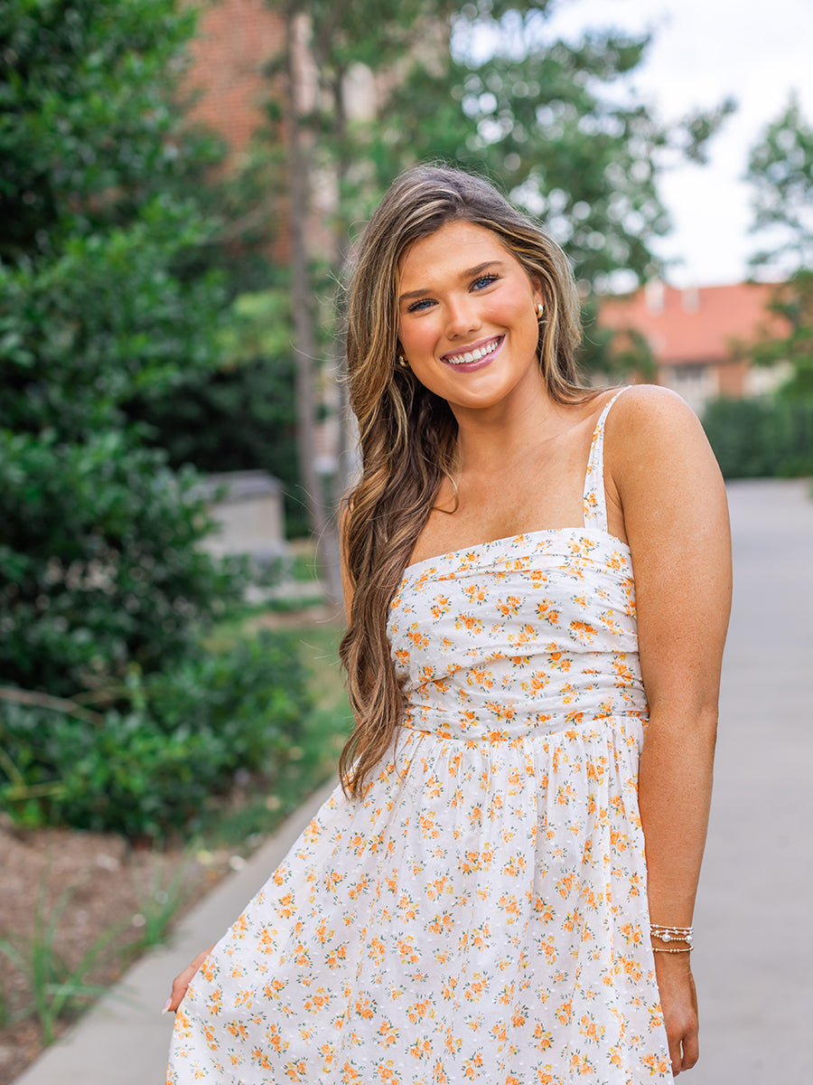 Orange Floral Print Midi Dress