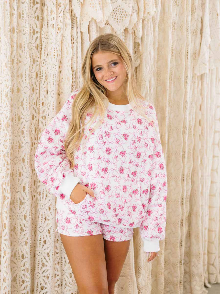 Pink Floral Terry Sweatshirt and Shorts Set
