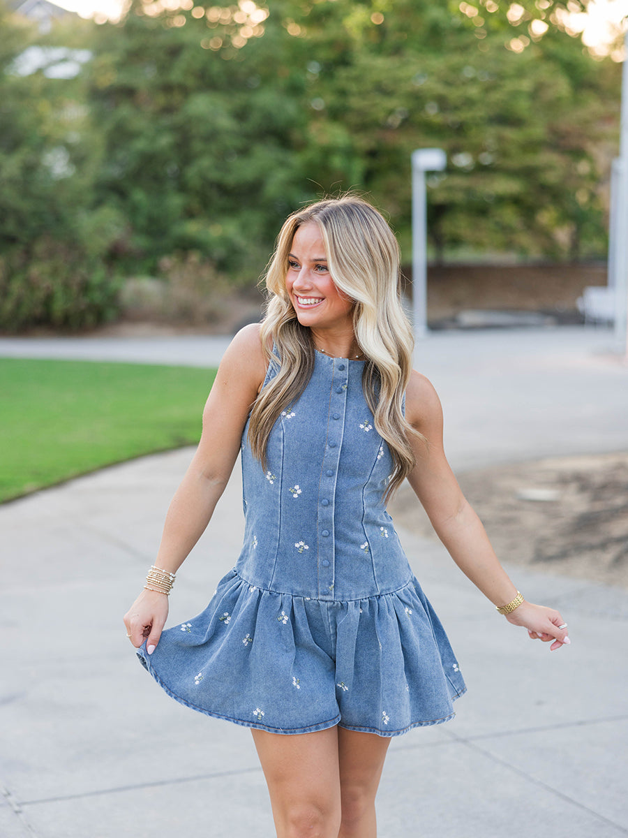 Embroidered Denim Drop Waist Romper