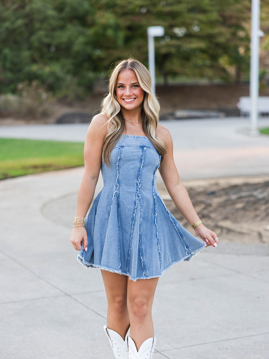 Strapless Denim Mini Dress with Raw Edges (3 Colors) - Light Denim / L Strapless Denim Mini Dress with Raw Edges (3 Colors) - Light Denim / L