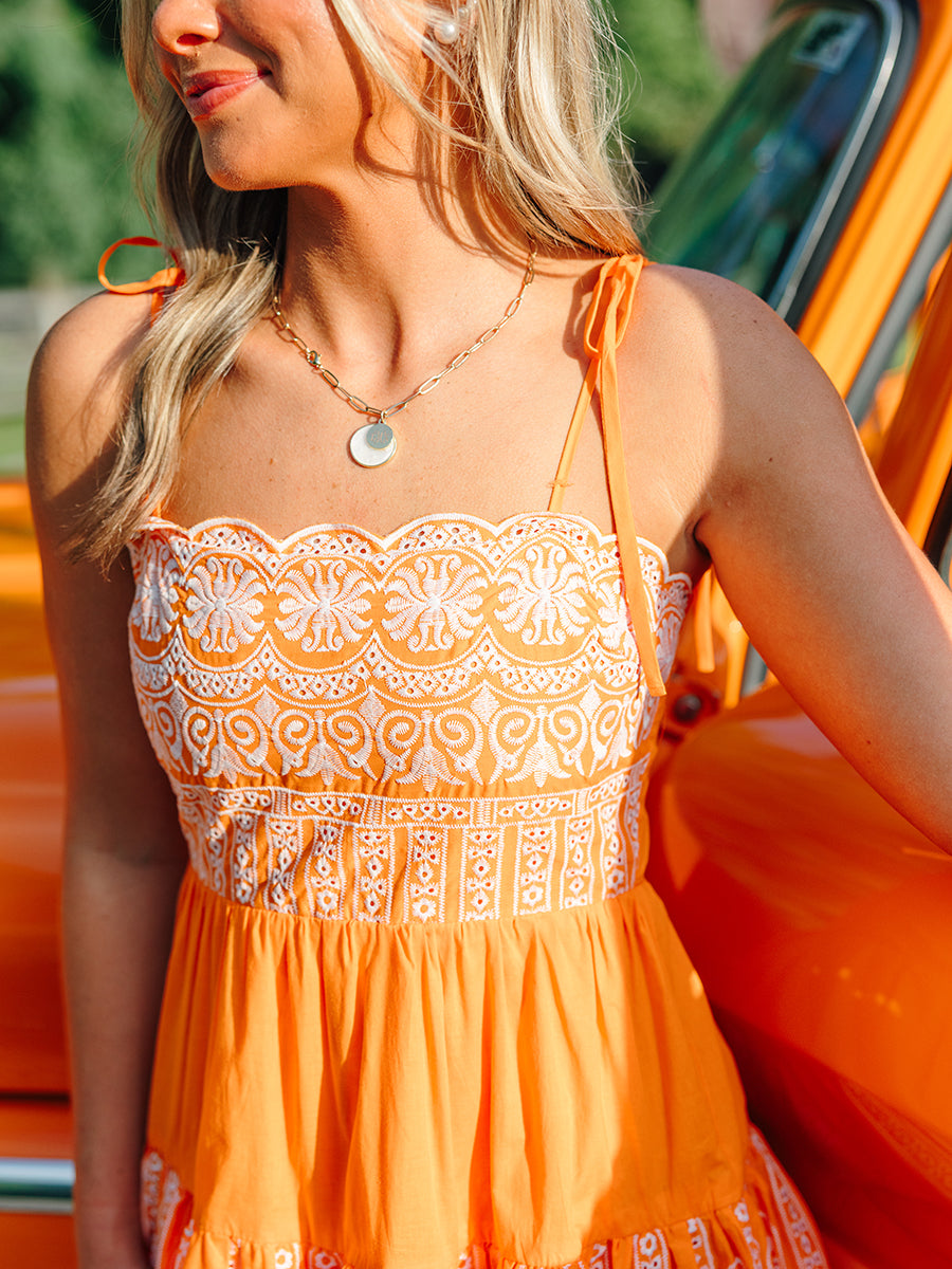 Orange Embroidered Scallop Hem Dress