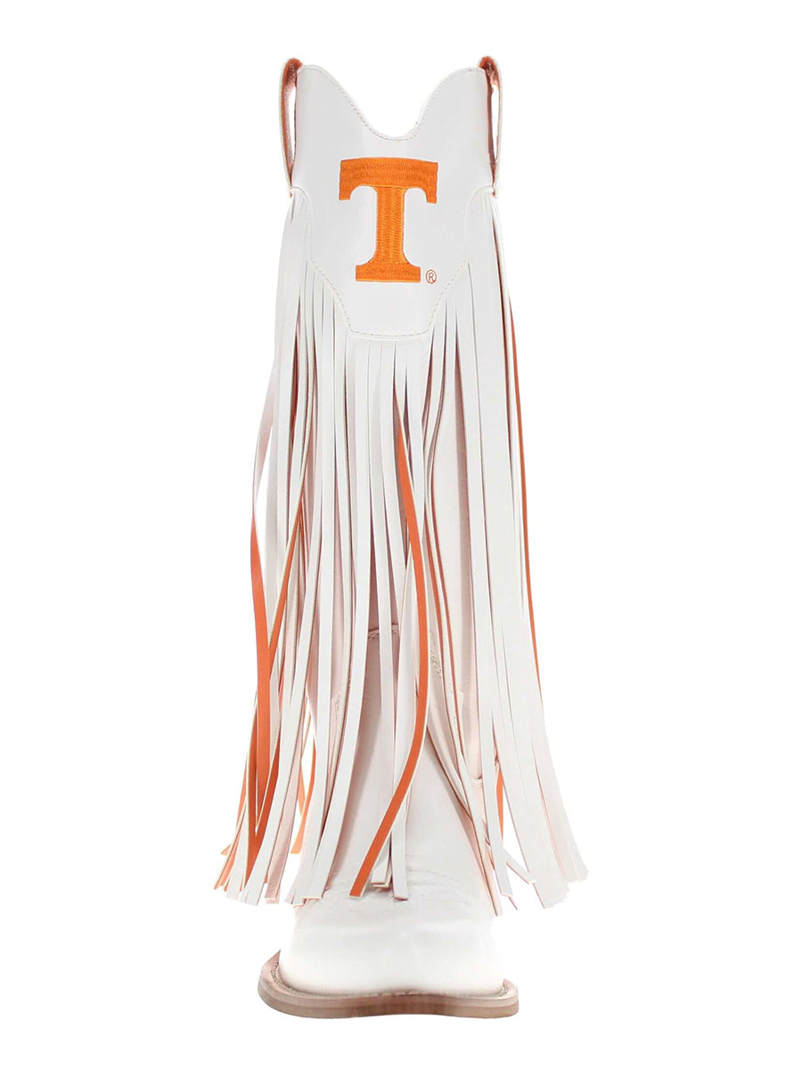 White boots with fringe and orange Power 'T' logo